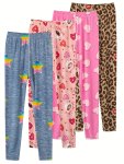Girls 4PCS SET High Stretch & Comfy & Lightweight Allover Leopard hearts stars Pattern Leggings For Spring & Summer Daily Wear