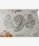 13PC Silver And White Balloon Set NR.9 - 13PC Set Consisting Of 1 X 81CM Number Balloon 6PC 30.5CM Silver Balloons 6PC 30.5CM