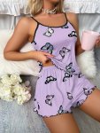 Butterfly Print Pajama Set Lettuce Trim Cami Top & Elastic Waistband Shorts Women's Sleepwear & Loungewear