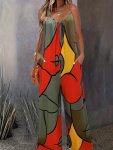 Abstract Print Sleeveless Jumpsuit Casual Spaghetti Strap Wide Leg Jumpsuit Women's Clothing