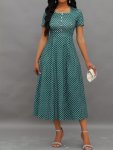 Polka Dot Print Square Neck Dress Elegant Short Sleeve A-line Dress For Spring & Summer Women's Clothing