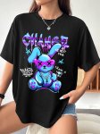 Rabbit Print Drop Shoulder T-Shirt Short Sleeve Crew Neck Casual Top For Spring & Summer Women's Clothing