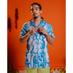 Satin Shirt - Blue & White Vintage Tile Print - M
