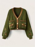 Button Front Embroidered Cardigan Long Sleeve Cardigan For Fall & Winter Women's Clothing