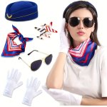 6 Pcs Women's Flight Attendant Costume Accessories Stewardess Outfits Flight Attendant Hat Glasses Scarf Gloves For Halloween Pa