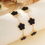 Elegant & Cute 2-PIECE Bracelet Set Fashionable Classic Style Black & White Clover Design With Golden Chain Adjustable Women's J