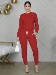 Casual Workout Solid Pantsuits Two-piece Set Long Sleeve Round Neck Tops & Fashion Pocket Pants Set Women's Clothing