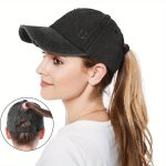 Women's Vintage Washed Cotton Baseball Cap With Ponytail Hole Adjustable Sport Cap Casual Sun Hat For Outdoor Activities