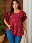 Plus Size Dot Print Layered Ruffle Trim Top Casual Crew Neck Short Sleeve Top For Spring & Summer Women's Plus Size Clothing