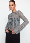 Mesh Spanish Sleeve Slim Fit Crop Blouse - Grey