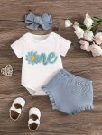 Baby's One Flower Embroidered 2PCS Summer Outfit Cotton Triangle Bodysuit & Ribbed Shorts Set Toddler & Infant Girl's Clothes Fo