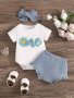 Baby's One Flower Embroidered 2PCS Summer Outfit Cotton Triangle Bodysuit & Ribbed Shorts Set Toddler & Infant Girl's Clothes For Daily/holiday/party