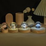 LED Solid Wood Lamp Diy Romantic Night Light Crystal Glass Lamp Base Switch Log Lamp USB Display Lamp Light Rotating Display Sta