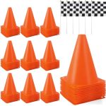 Cacaso 24 Pcs Traffic Cones And Racing Checkered Flags 12 Plastic Traffic Cones 12 Checkered Flags On Sticks Orange Sports Cones