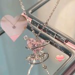 Love Planet Necklace Pink Heart Rhinestone Charm Necklace Y2K Sweet Necklace Accessories For Gift