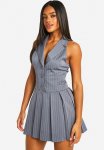 Stripe Waistcoat Tennis Skirt Dress - Charcoal
