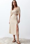 Slitted Midi Woven Polka Dot Bottom-top Set - Beige