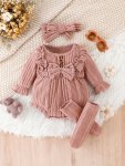 3PCS Baby Girl Ruffled Lace Bow Onesie & Headband & Socks Set Fall Winter Warm Outwear Pregnant Mom's Gift