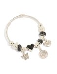 Silver Black Beaded Heart & Tree Charms Bracelet