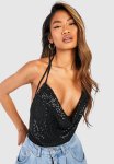 Cowl Front Sequin Strappy Bodysuit - Black