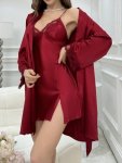 Lace Trimmed Cami Slip Dress And Belted Robe Pajama Set Fall Winter Clothes Cozy And Elegant Details