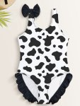 Girl's Cow Print Swimwear 1PC Bowknot Sleeveless Swimsuit Seaside Pool Beach Vacation Bathing Suits
