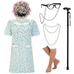 Ebytop Old Lady Costume For Women Halloween Granny Dress Up Wig Grandma Glasses Cane 100 100TH Das Of School S-m