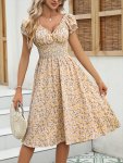 Floral Print Shirred V Neck A-line Dress Elegant Short Sleeve Dress For Spring & Summer Women's Clothing