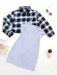 Girls 2PCS Elegant Plaid Long Sleeve Shirt + Cami Dress Set Comfy Outfits For Spring Fall Christmas Gift