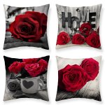 4 Pcs Black And Red Throw Pillow Cover Rose Flower Cozy Home Decor Cushion Cover Digital Printed Polyester Linen Valentine's Gif