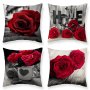 4 Pcs Black And Red Throw Pillow Cover Rose Flower Cozy Home Decor Cushion Cover Digital Printed Polyester Linen Valentine's Gift Home Decor Pillow