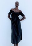 Smocked Off-the-shoulder Dress - Black