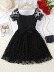 Girls Black Floral Mesh Sleeve Party Square Neck Dress