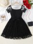 Girls Black Floral Mesh Sleeve Party Square Neck Dress
