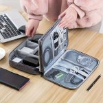 Linen Electronics Organizer Bag - Double Layer Cable Storage Case With Waterproof Interior For Chargers Cables Earphones Travel 