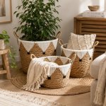 Woven Basket Set Of 3 - Natural And White Macram Detail