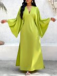Plus Size Solid Color V Neck Dress Elegant Long Sleeve Split Dress For Spring Women's Plus Size Clothing