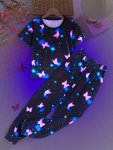 Girls 2-PIECE Trendy Sets Full Luminous Butterfly Pattern Round Neck Short Sleeve Top & Matching Pants Casual Sets