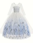 Snowflake Pattern Long Sleeve Mesh Dress With Cape For Girls Cute Birthday Performance Dress Princess Suit Party Gift Girls' Clo