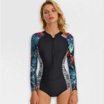 Women's Leafy Blues Long Sleeve Zip Swimwear - XL