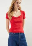 Fitted Heart Collar Ribbed Stretch Knitted Blouse - Red