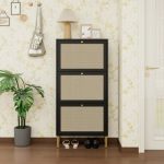 Zehuoge Rattan Shoe Cabinet With 3 Flip Drawers Black 3-TIER Shoe Rack Storage Cabinet For Heels Boots Slippers Free Standing Sh