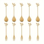 10PCS Stainless Steel Fork Fruit Fork Dessert Fork Stainless Steel Spoon Golden Spoon Coffee Cup Spoon Fork Spoon Set Tableware