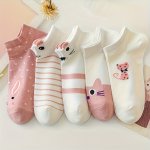 5 Pairs Cartoon Cat Print Socks Cute & Breathable Low Cut Ankle Socks Women's Stockings & Hosiery