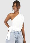 Linen Look Asymmetric Ruched Blouse - White