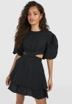 Textured Puff Sleeve MINI Dress - Black