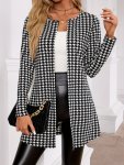 Houndstooth Open Front Outwear Versatile Long Sleeve Outwear For Spring & Fall Women's Clothing