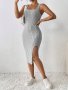 Solid Color Square Neck Bodycon Dress Casual Split Sleeveless Midi Dress For Summer Women's Clothing