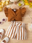 2PCS Baby Girls Solid Twist Fly Sleeve Cotton Top + Striped Bow Shorts Set