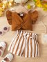 2pcs Baby Girls Solid Twist Fly Sleeve Cotton Top + Striped Bow Shorts Set